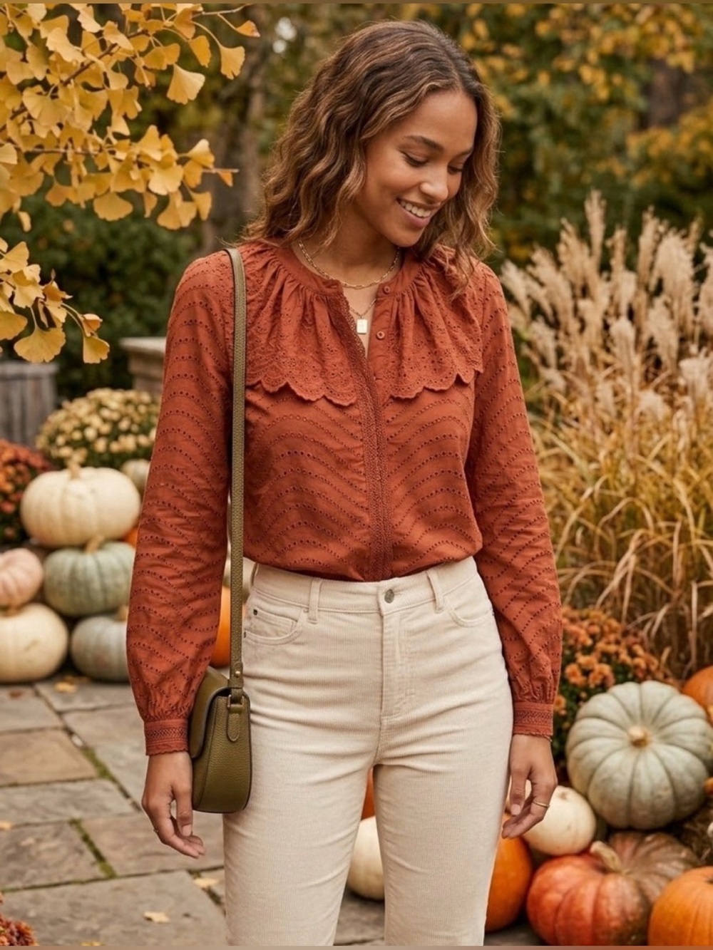 NWT CAROLINE CONSTAS Rust Eyelet Ruffle Collar Blouse - Picture 2 of 7